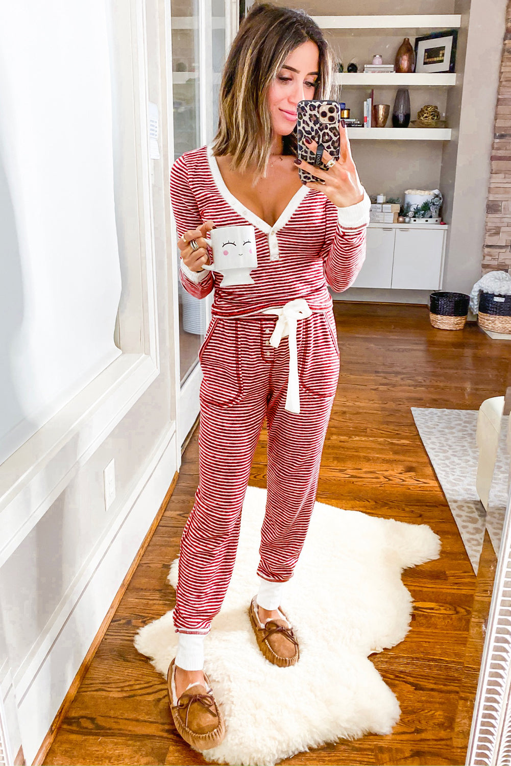 Red Stripe Buttoned V Neck Top and Knotted Waist Pants Loungewear Set Kittybear Krafts