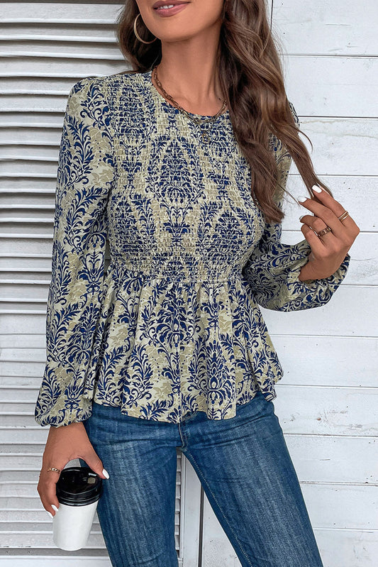 Blue Boho Printed Balloon Sleeve Smocked Peplum Blouse Kittybear Krafts