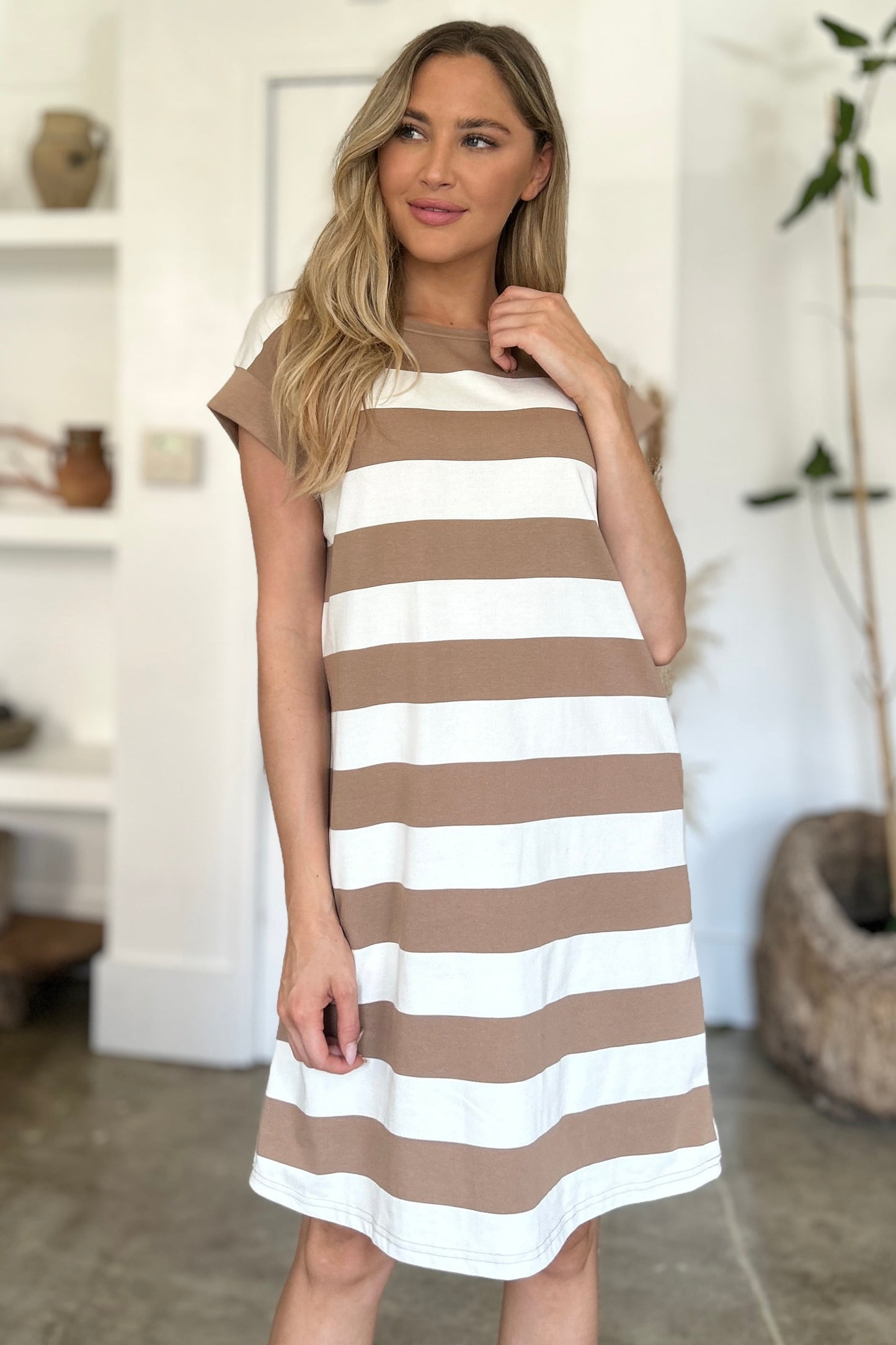 Striped Round Neck Cap Sleeve Mini Dress Trendsi