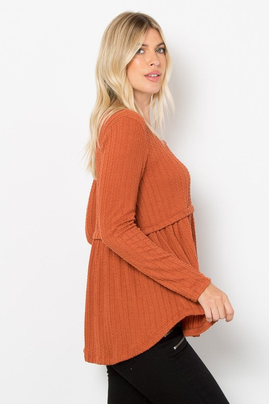 Be Stage Full Size Texture Babydoll Round Neck Long Sleeve Knit Top Trendsi