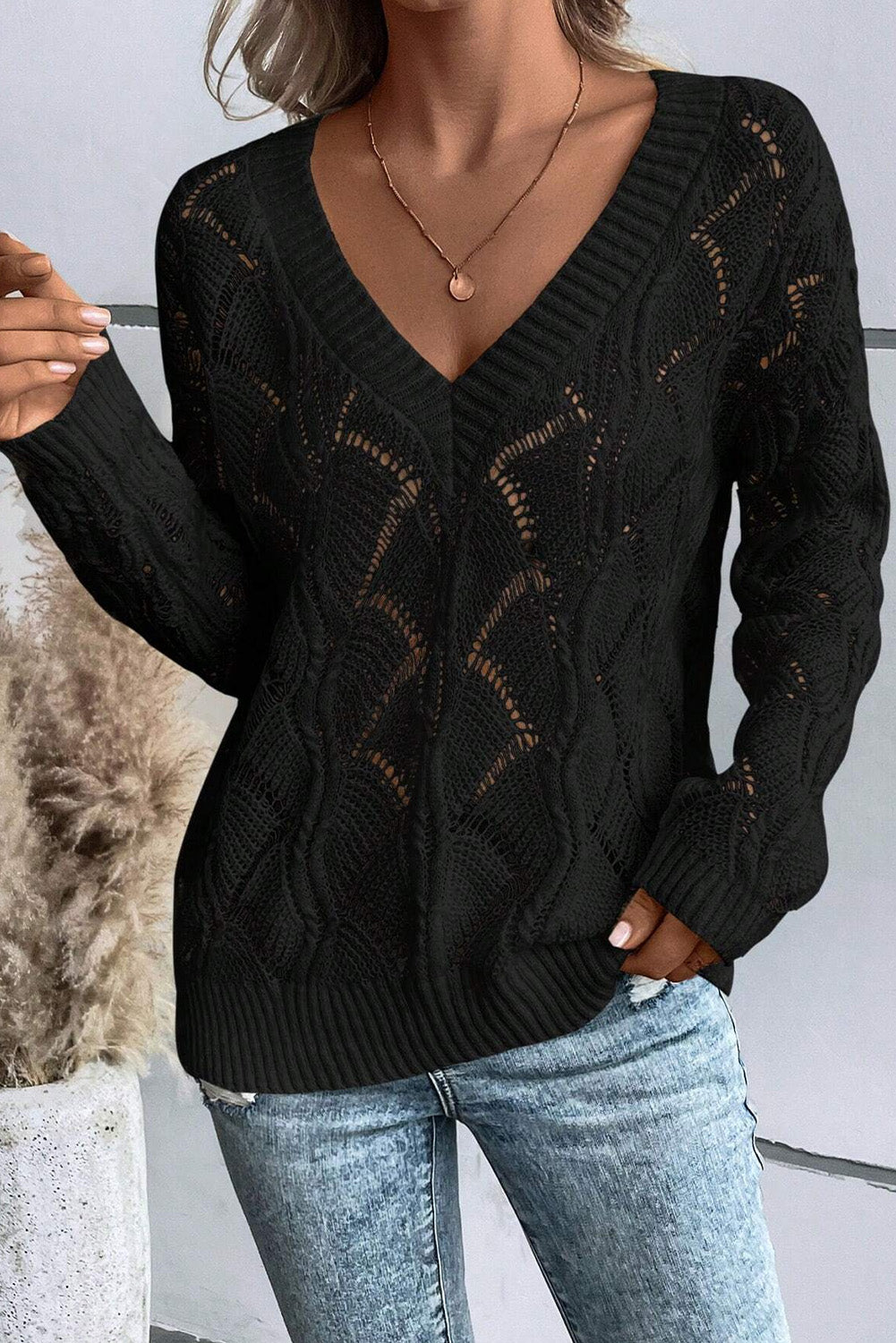 Black Hollow Out Knit V Neck Drop Shoulder Sweater Kittybear Krafts