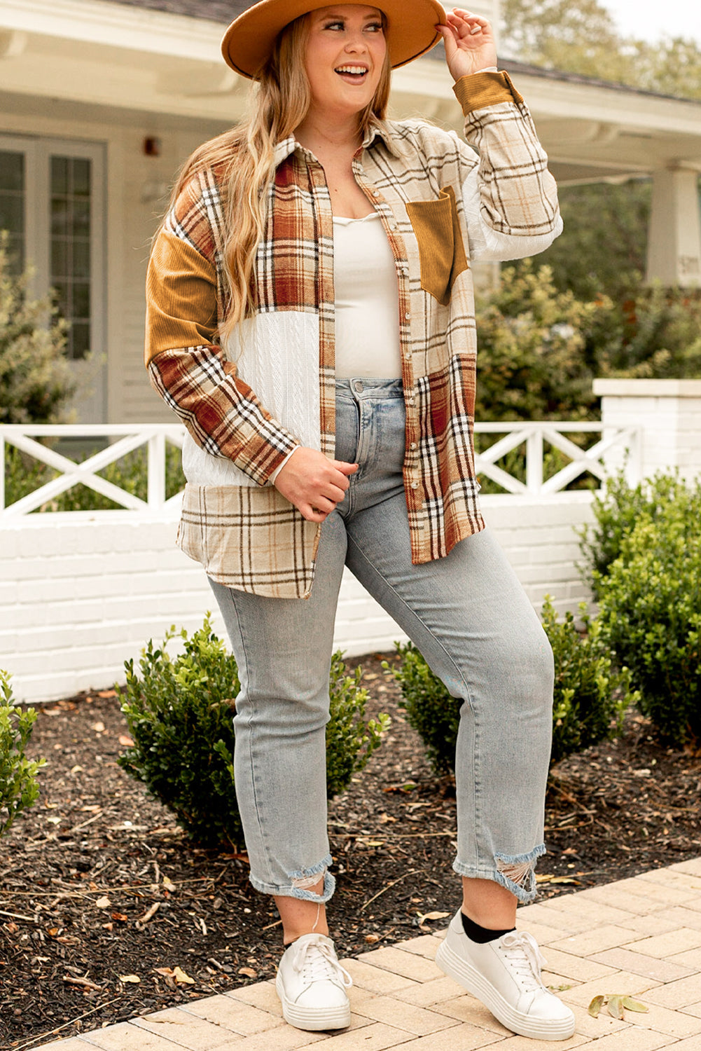 Golden Apricot Plus Size Plaid Patchwork Button up Shacket Kittybear Krafts