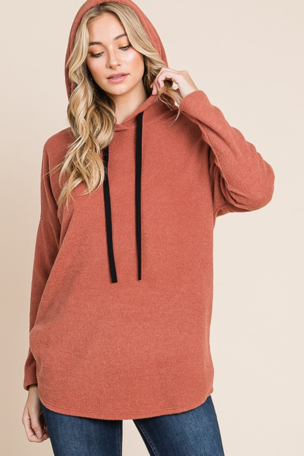 Contrast Drawstring Drop Shoulder Knit Hoodie - Kittybear Krafts