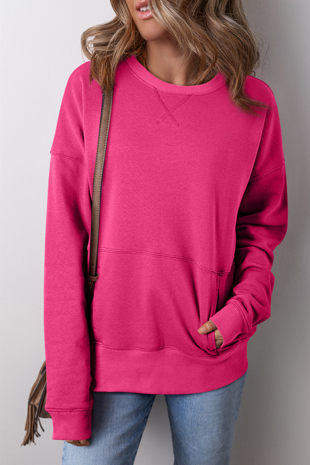 Rose Red Drop Shoulder Crisscross Stitching Pocketed Loose Sweatshirt Kittybear Krafts