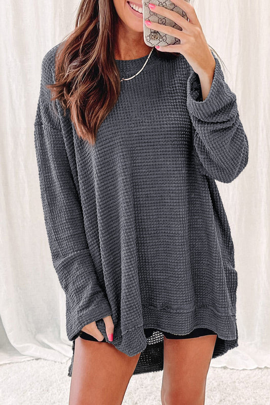 Gray Waffle Knit High Slits Oversized Top Kittybear Krafts