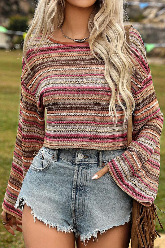 Rose Red Ethnic Striped Wide Cropped Long Sleeve Top Kittybear Krafts