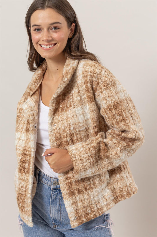 HYFVE Taupe Plaid Collared Neck Boucle Jacket with Pockets Trendsi