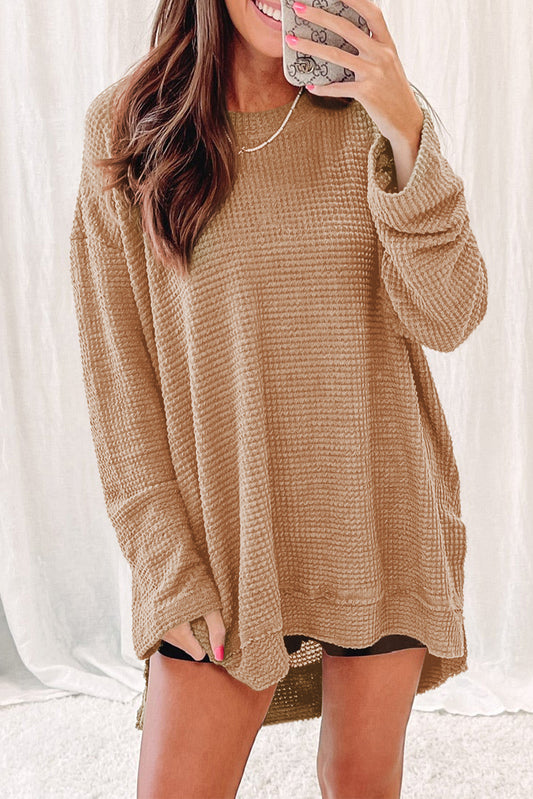 Khaki Waffle Knit High Slits Oversized Top Kittybear Krafts