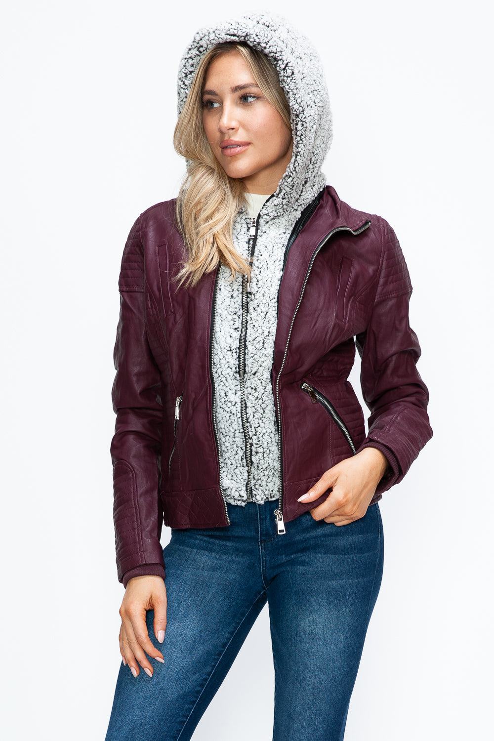 YMI Faux Layered Double-Zipper Jacket with Fuzzy Hood Trendsi