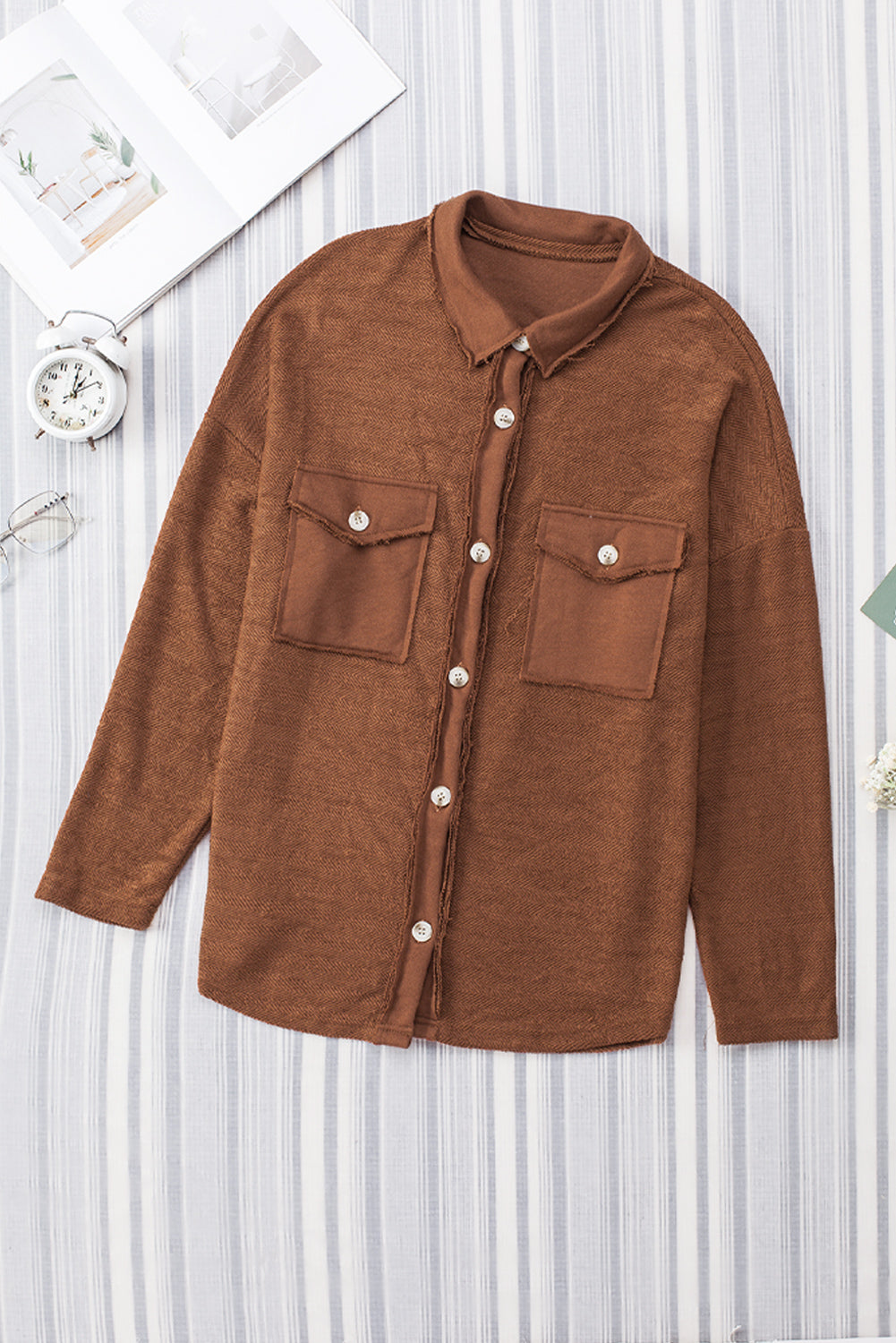 Brown Contrast Flap Pockets Relaxed Shacket Kittybear Krafts