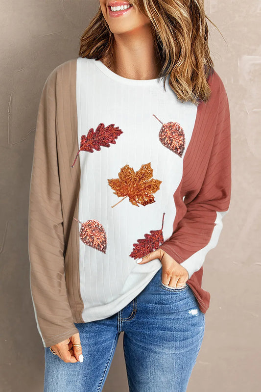 Sequin Fall Maple Leaf Round Neck Long Sleeve Tee - Kittybear Krafts