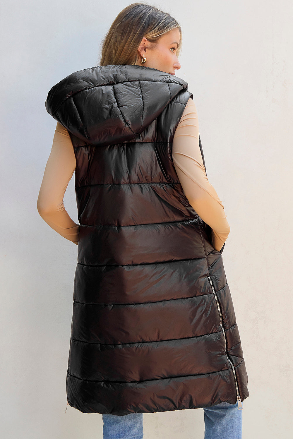 Black Hooded Long Quilted Vest Coat Kittybear Krafts