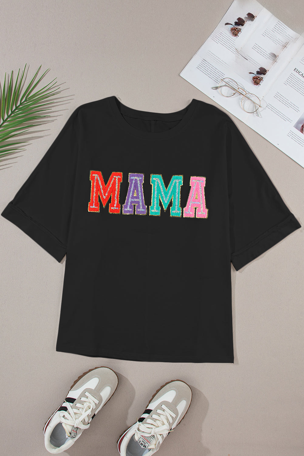 Sequin MAMA Round Neck Short Sleeve T-Shirt - Kittybear Krafts