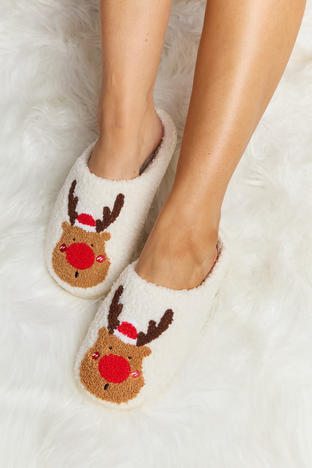 Melody Rudolph Print Christmas Plush Slide Slippers - Kittybear Krafts