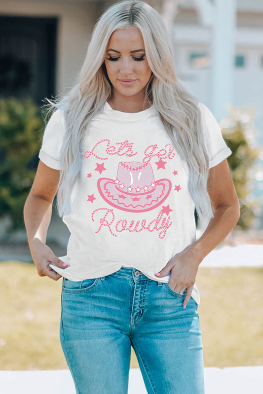 Cowboy Hat Rowdy Graphic Round Neck T-Shirt - Kittybear Krafts