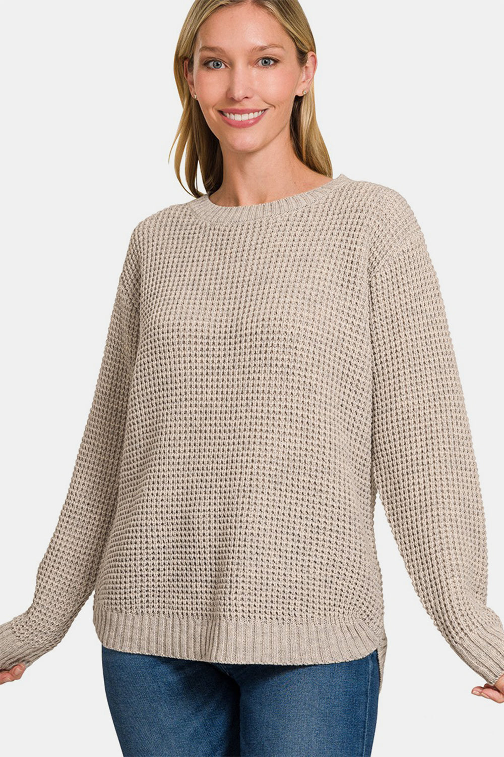 Zenana High Low Long Sleeve Waffle Sweater Top Trendsi