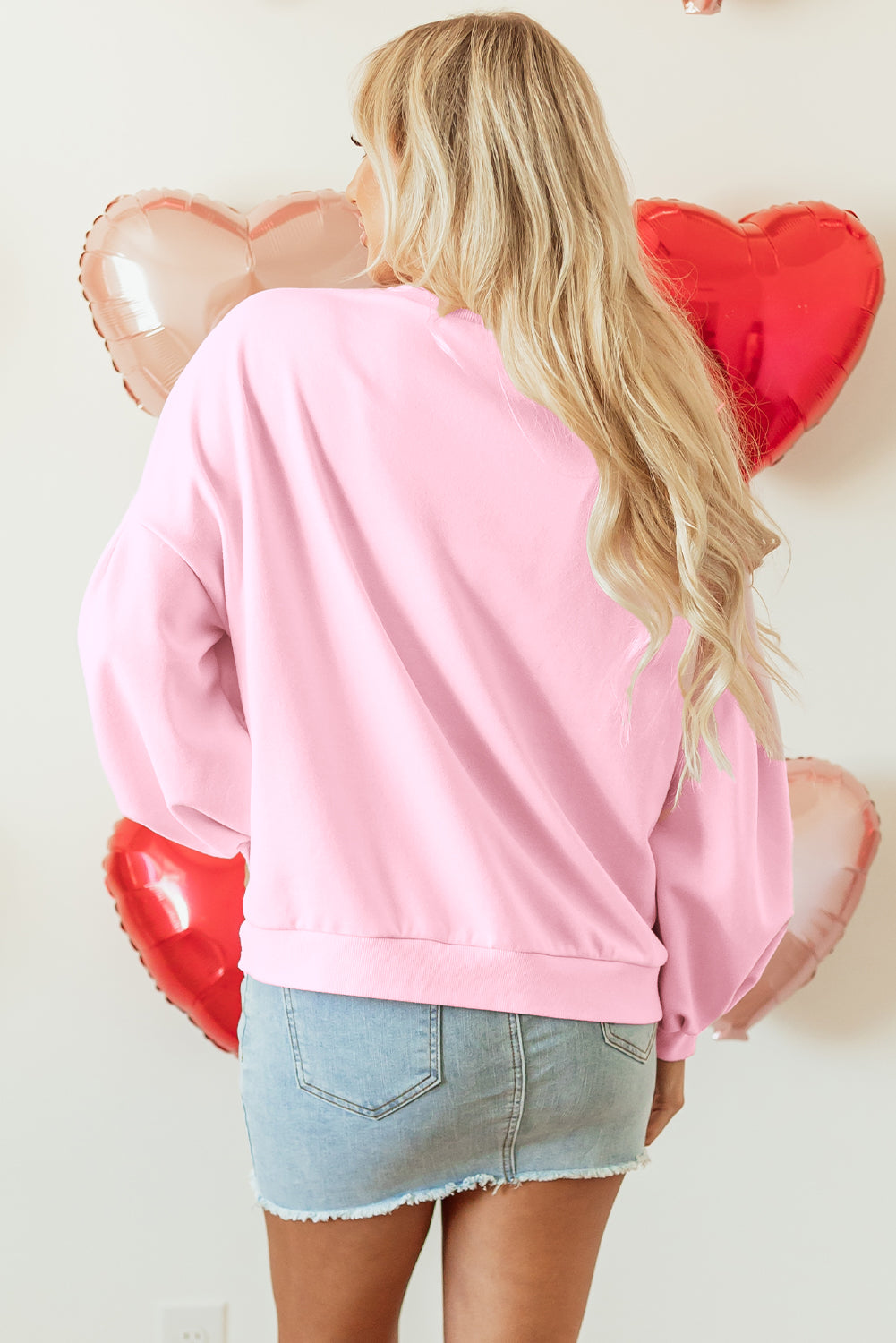 Light Pink Embroidered Bow Lantern Sleeve Oversized Pullover Sweatshirt Kittybear Krafts