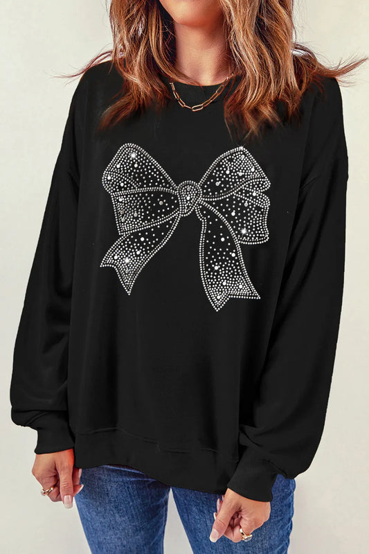 Rhinestone Bow Round Neck Long Sleeve Sweatshirt Trendsi