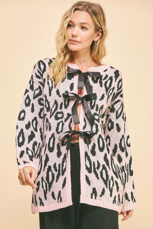 Davi & Dani Leopard Ribbon Tie Front Loose Fit Cardigan Trendsi