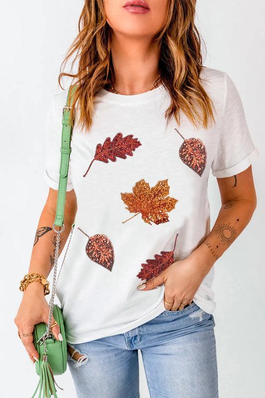 Sequin Maple Leaf Round Neck Fall Short Sleeve T-Shirt - Kittybear Krafts