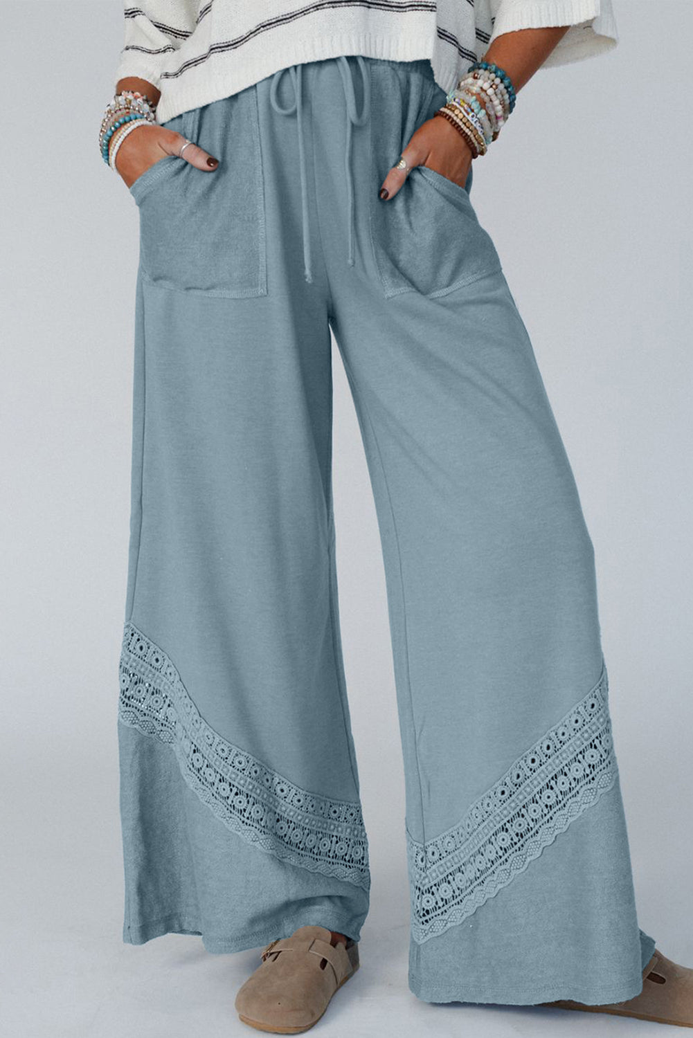 Dusk Blue Lace Crochet Patched Lace-up High Waist Wide Leg Pants Kittybear Krafts