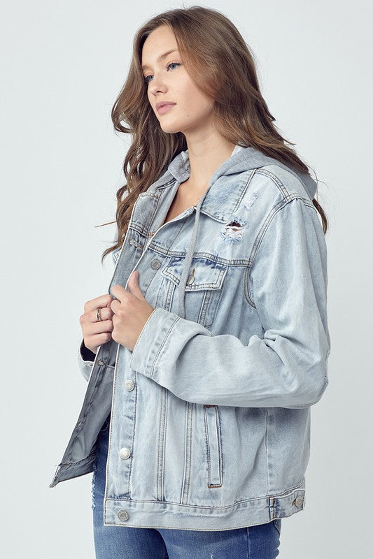 RISEN Full Size Distressed Drawstring Hooded Denim Jacket Trendsi