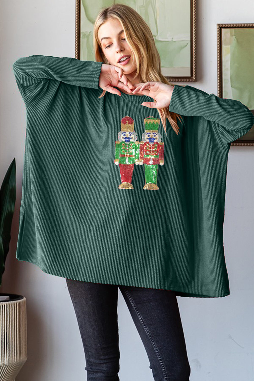 Sequin Nutcracker Christmas Long Sleeve Ribbed Top Trendsi