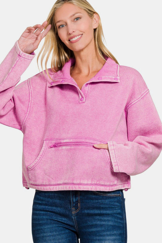 Zenana Acid Wash Fleece Half Snap Crop Sweatshirt with Pocket Trendsi