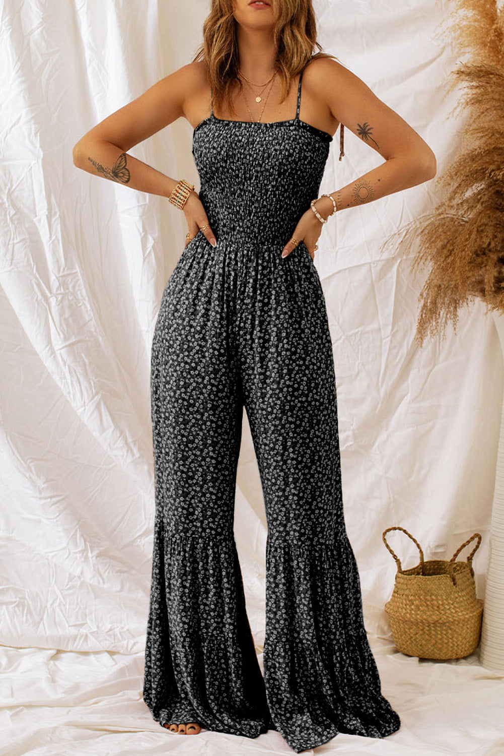 Black Thin Straps Smocked Bodice Wide Leg Floral Jumpsuit Kittybear Krafts