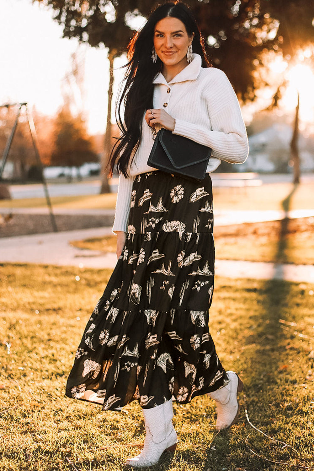 Black Western Print Tiered Ruffled High Waist Maxi Skirt Kittybear Krafts