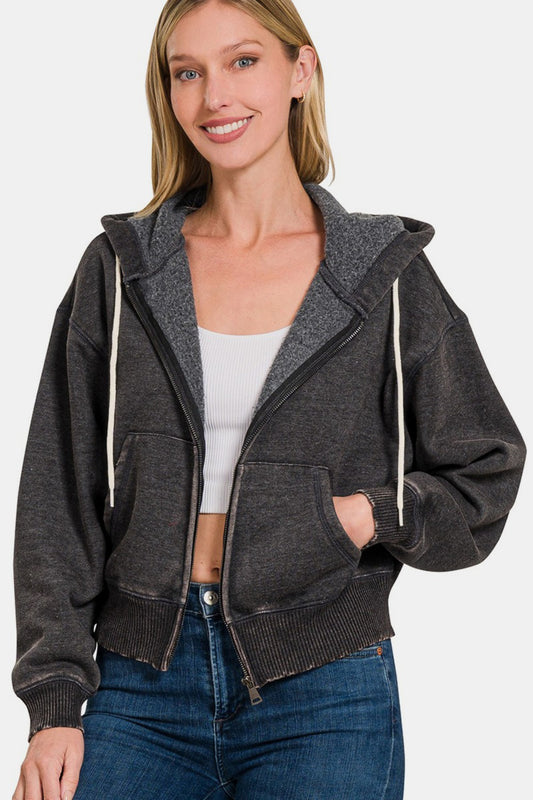 Zenana Acid Wash Fleece Zip-Up Cropped Hoodie - Kittybear Krafts