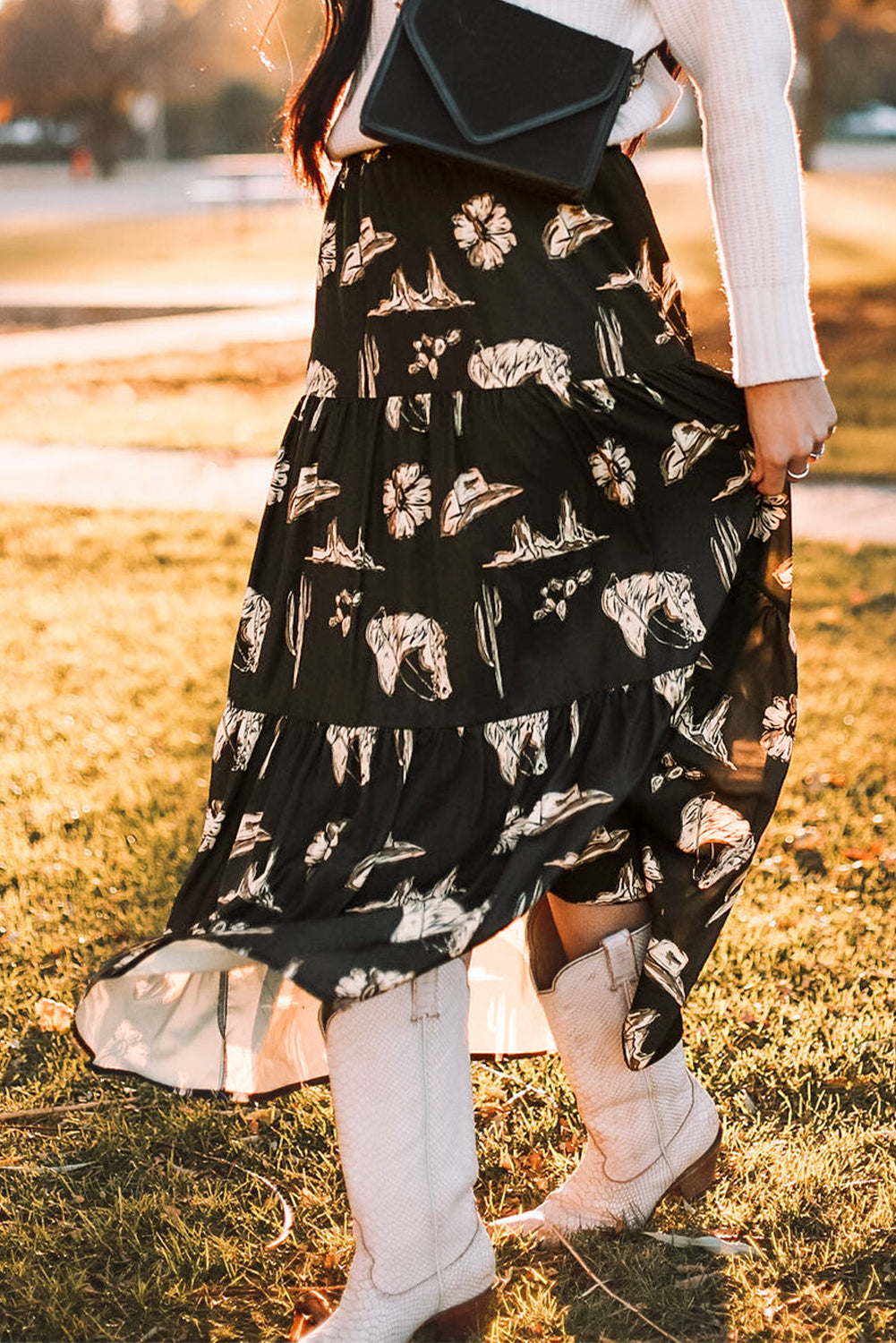 Black Western Print Tiered Ruffled High Waist Maxi Skirt Kittybear Krafts