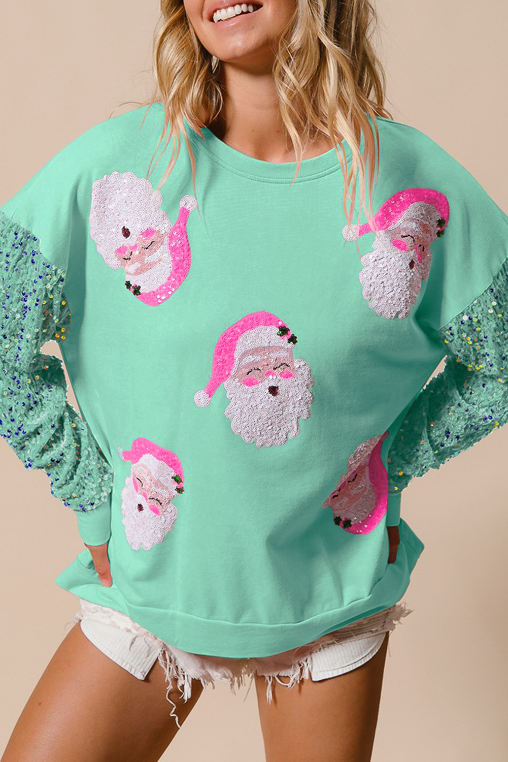 Moonlight Jade Sequined Santa Claus Long Sleeve Christmas Sweater Kittybear Krafts