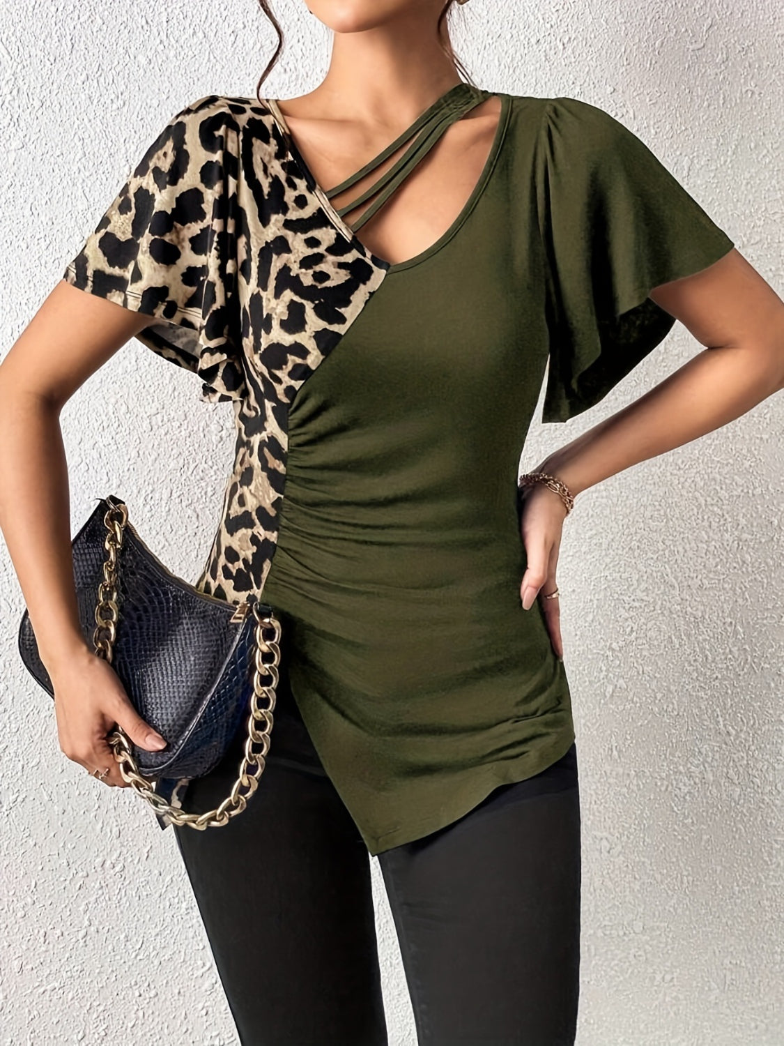 Ruched Leopard Flutter Sleeve Top