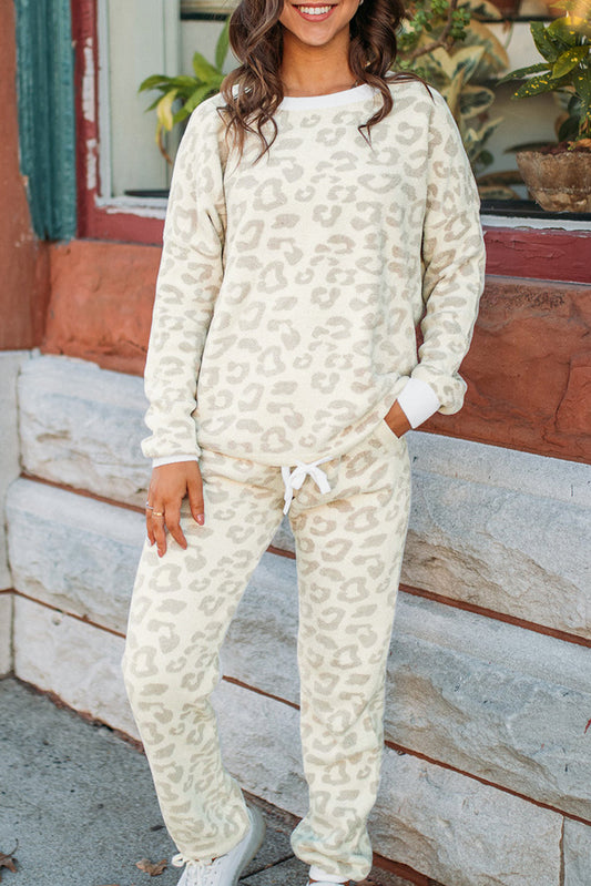 White Leopard Pullover and Drawstring Loungewear Set Kittybear Krafts