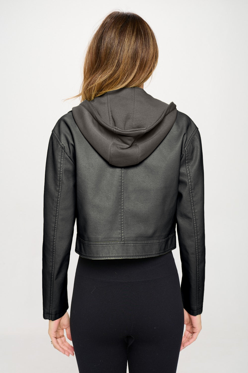 Vegan Leather Snap Down Cropped Hooded Jacket - Kittybear Krafts