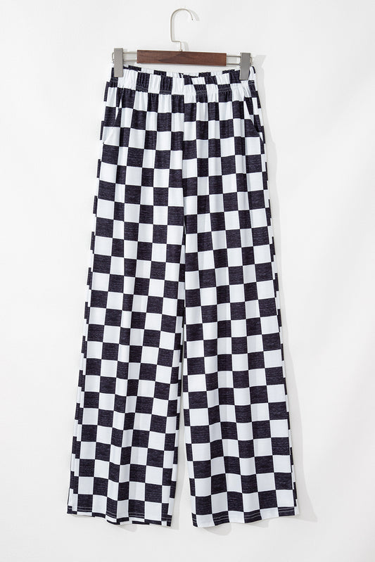 Black 2-Tone Checked Print High Waist Wide Leg Pants Kittybear Krafts