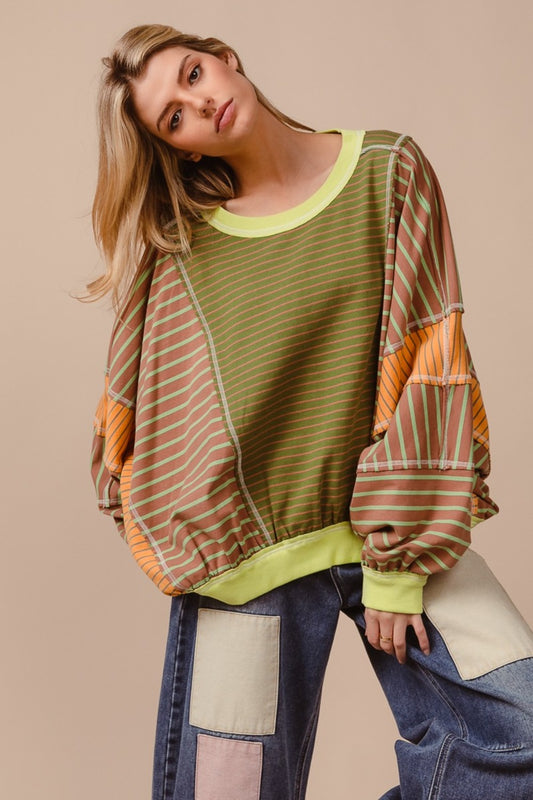 Color Block Striped Round Neck Sweatshirt - Kittybear Krafts