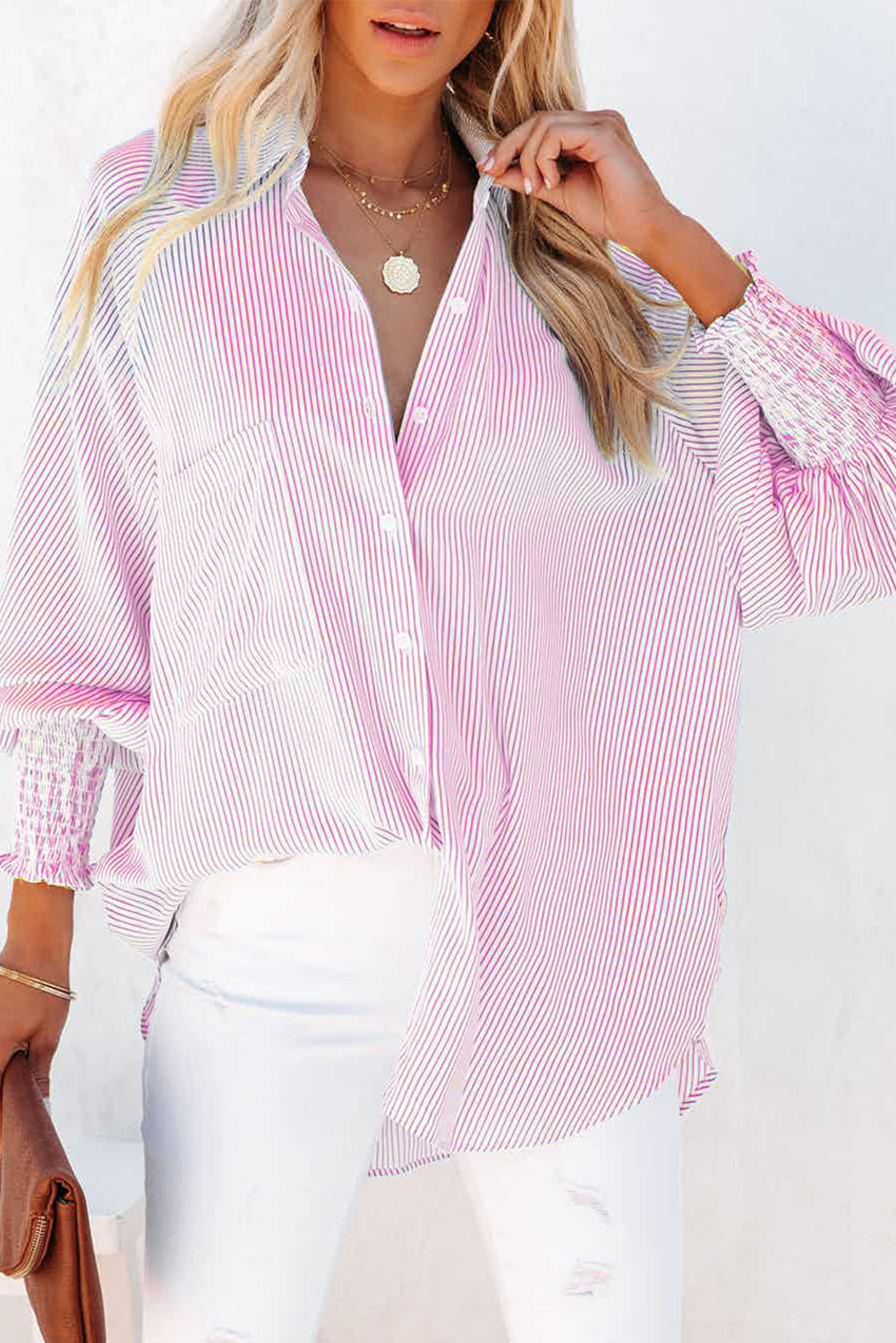 Pink Smocked Cuffed Striped Boyfriend Oversized Shirt Top with Pocket