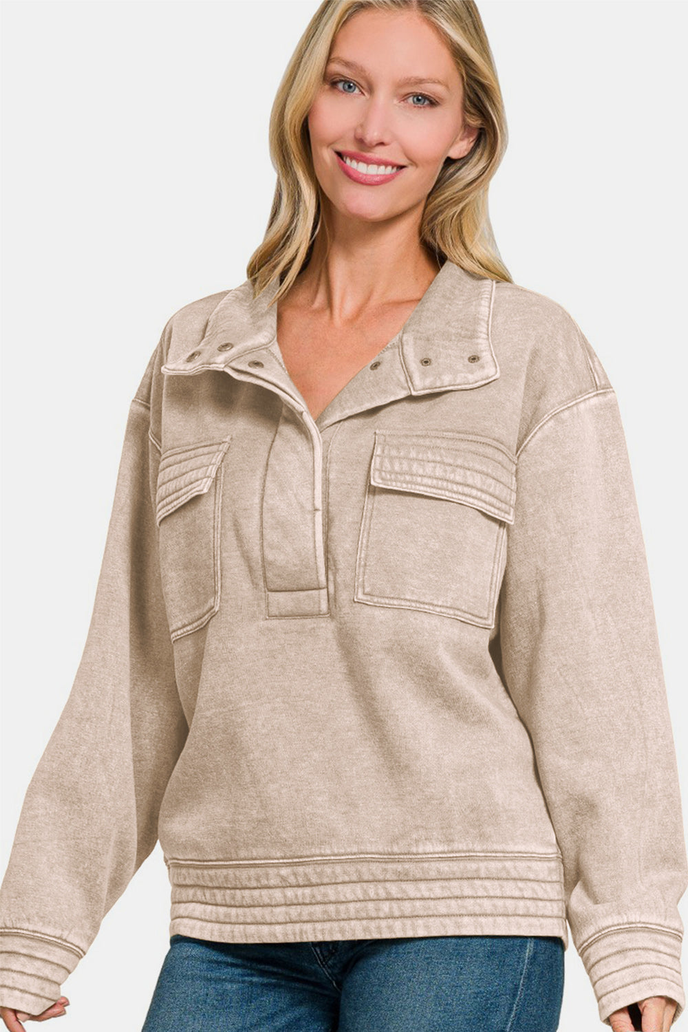 Zenana Acid Washed Half Snap Fleece Sweatshirt - Kittybear Krafts