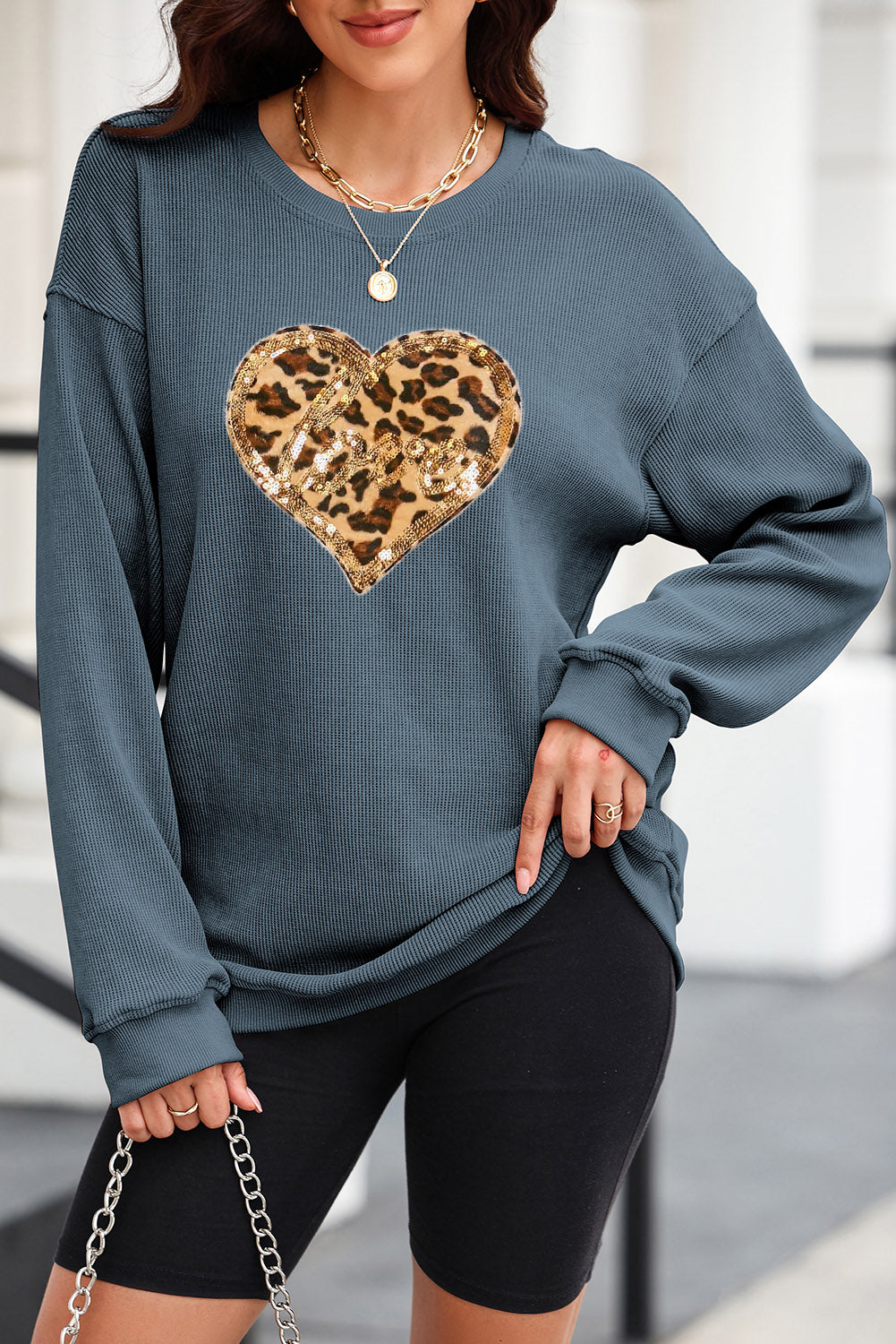 Heart Leopard Sequin Round Neck Sweatshirt - Kittybear Krafts