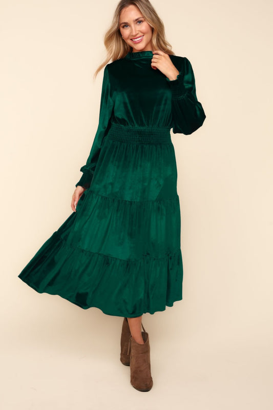 Haptics Hunter Green Mock Neck Smocked Waist Velvet Tiered Dress Trendsi