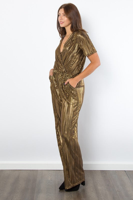 Be Stage Surplice Short Sleeve Pleated Foil Jumpsuit Trendsi