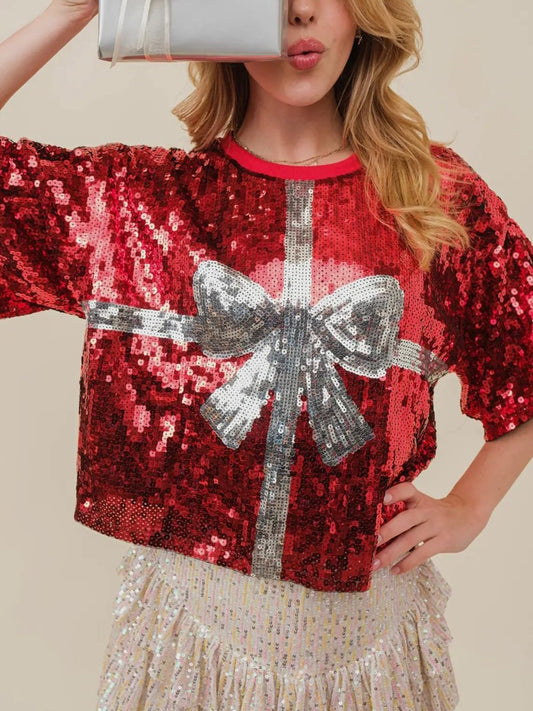 Sequin Bow Graphic Round Neck Half Sleeve Christmas Top Trendsi