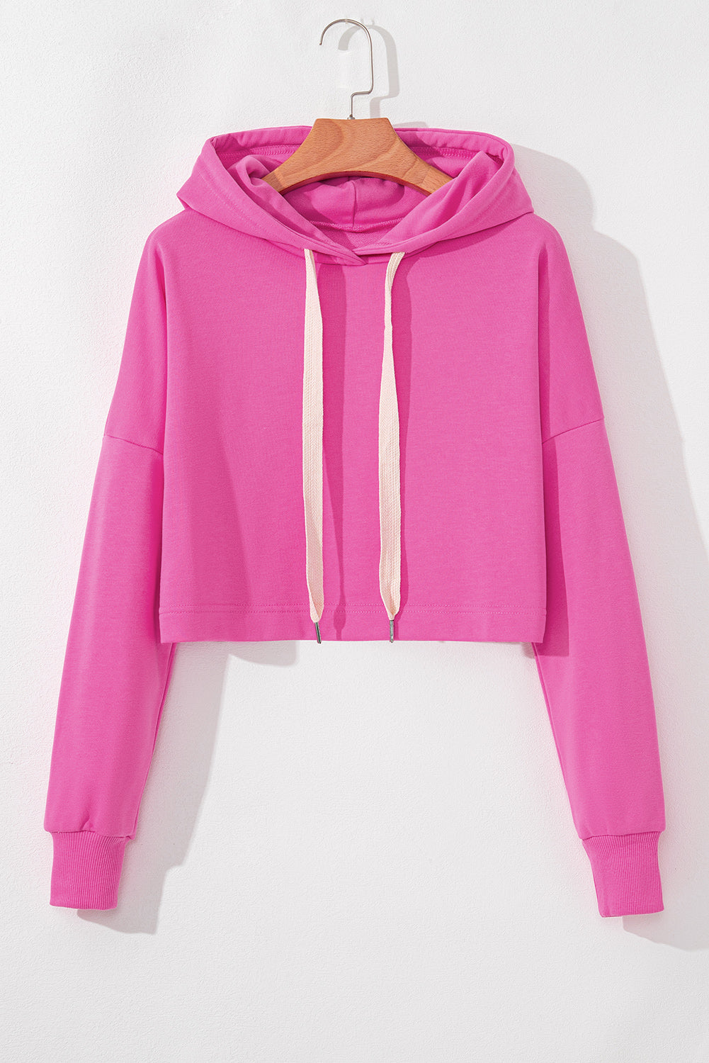 Sachet Pink Solid Drop Shoulder Drawstring Cropped Hoodie Kittybear Krafts