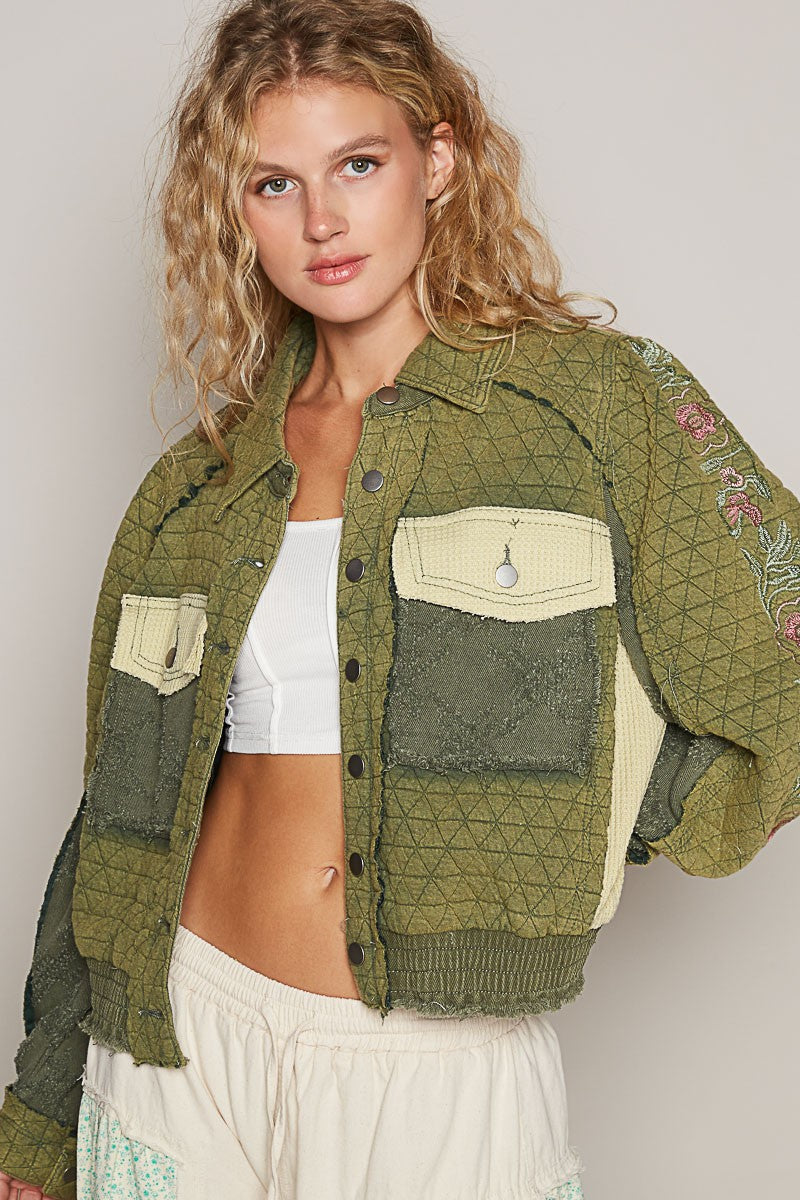 POL Embroidered Sleeve Raw Edge Quilted Jacket Trendsi