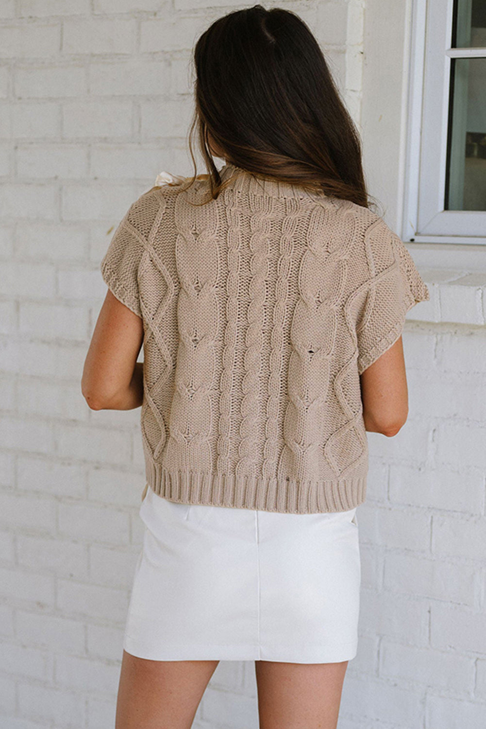 Simply Taupe Cable Knit Colorblock Satin Bowknot Short Sleeve Sweater Top Kittybear Krafts