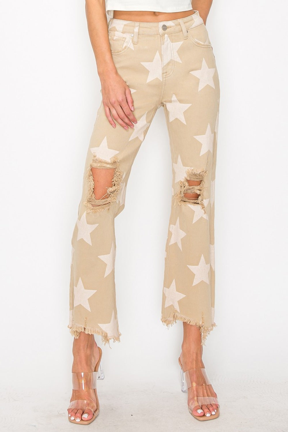 RISEN High Rise Star Printed Frayed Hem Jeans - Kittybear Krafts