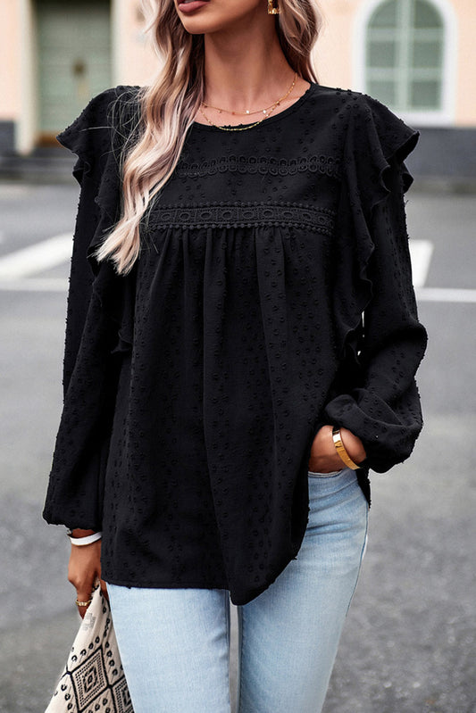 Black Lace Eyelet Ruffle Shoulder Long Sleeve Blouse Kittybear Krafts