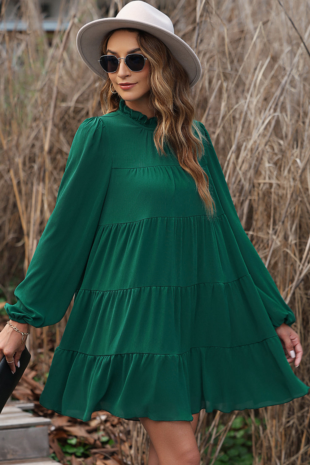 Green Puff Sleeve Mock Neck Back Knot Tiered Dress Kittybear Krafts